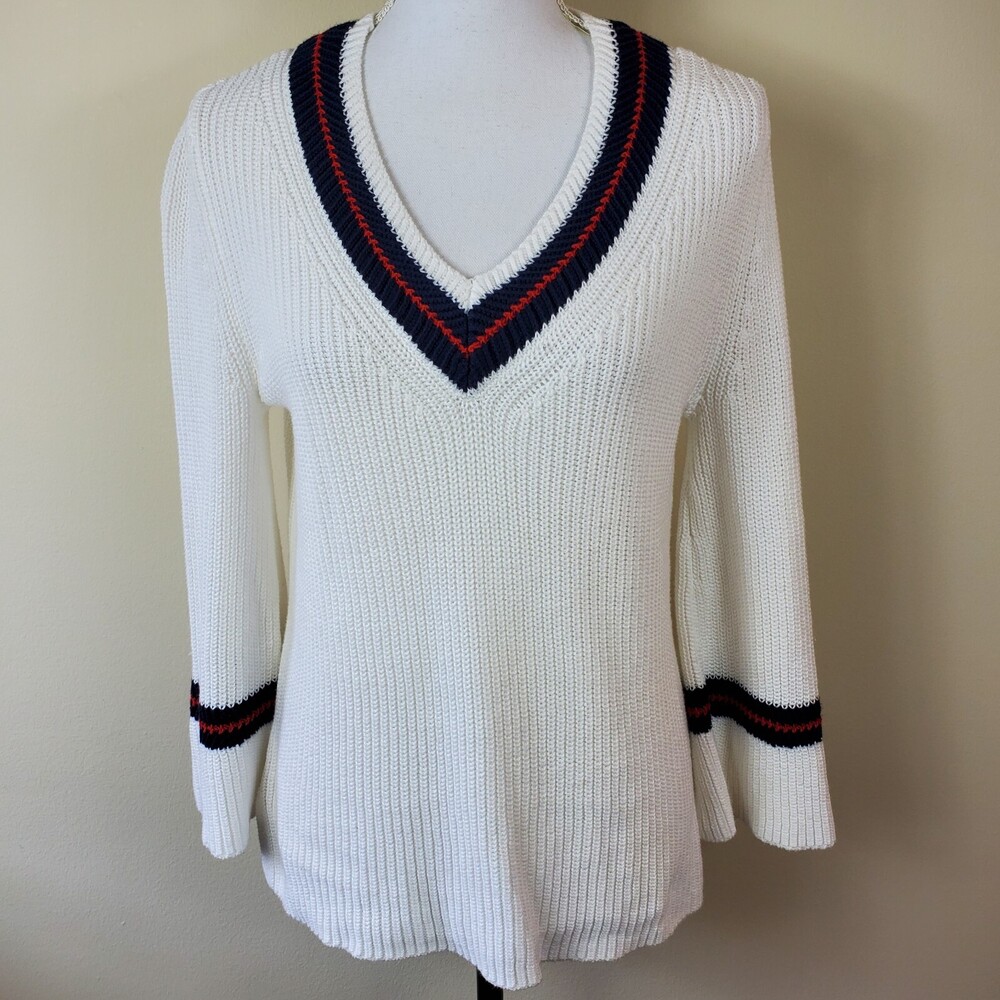 CABI Womens Sweater XS White V Neck Pullover Long Sleeve Relaxed Fit #5639